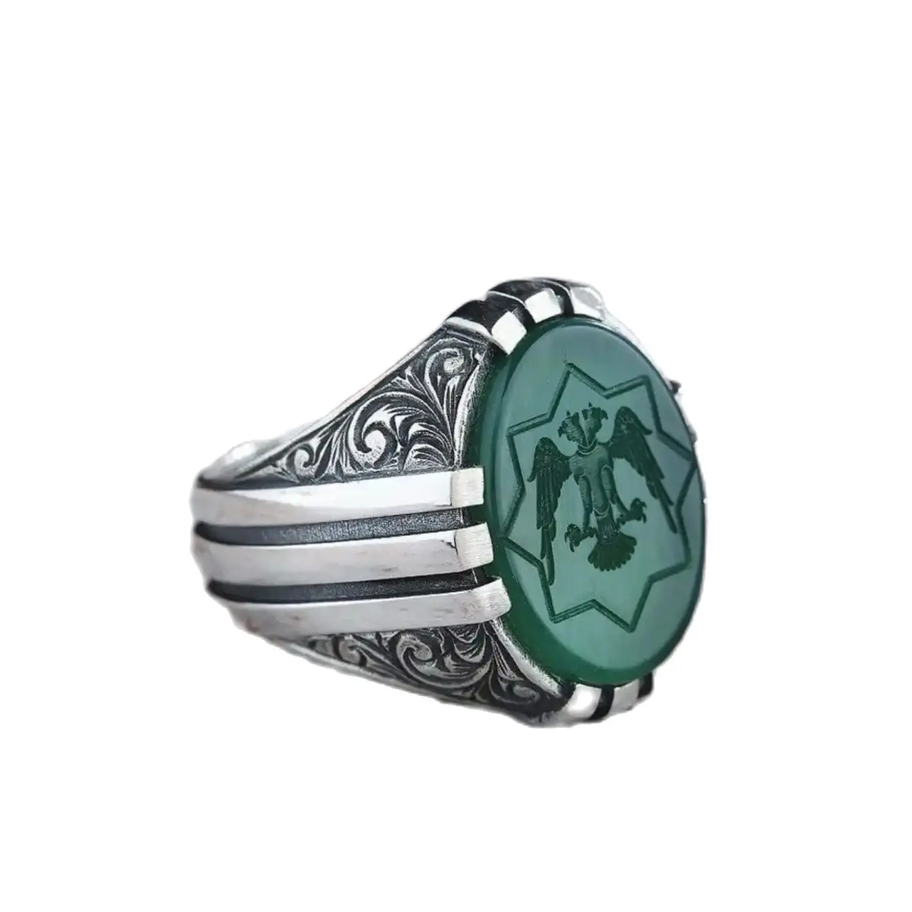 

Silver Men's Ring with Star of David and Double-Headed Eagle Carved on Green Agate Stone, Aqeeq Stone Silver Ring, custom Jewel