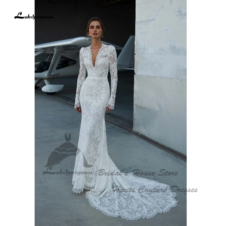 Lakshmigown Vintage Spitzen-Meerjungfrauen-Hochzeitskleid 2026, ziviles, langärmeliges Boho-Brautkleid mit V-Ausschnitt, maßgeschneidert – Detail 5