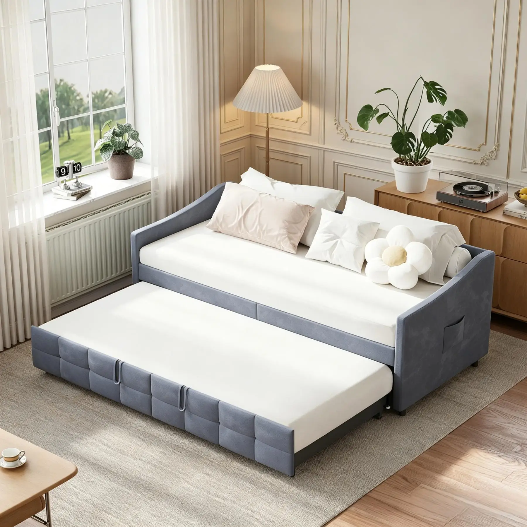 90x200cm ausziehbares Schlafsofa, Doppelschlafsofa mit Rückenlehne, Armlehnen und Seitentaschen, Jugendbett, Gästebett, grauer Samtstoff