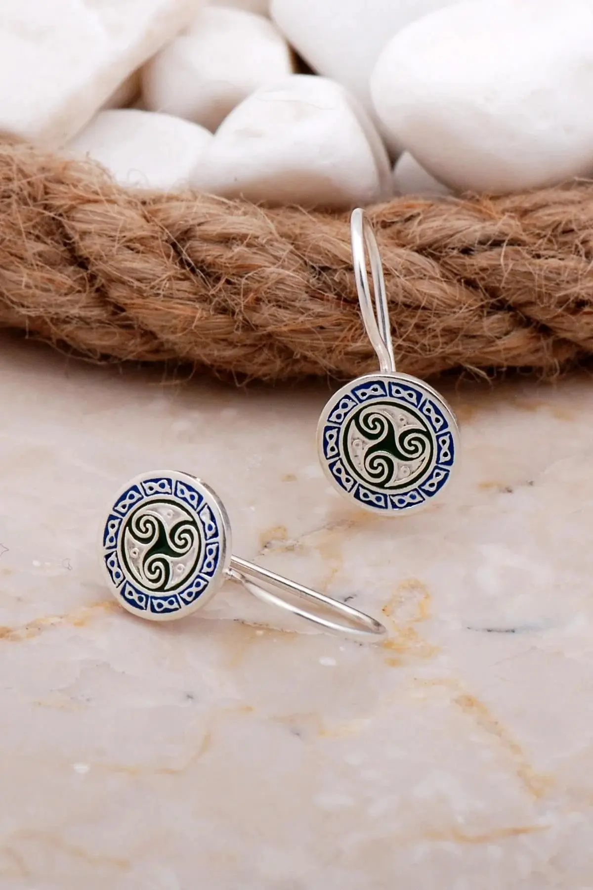 Handmade 925 Real Silver Antique Anatolian Motif Authentic Ethnic Enamel Dangle Drop Earrings Birthday Gift for Her Women