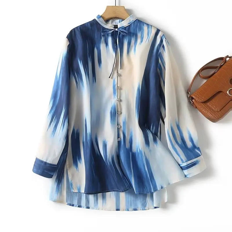 

Jenny&Dave Fashion Loose Office Ladies Stand Collar Casual Shirt Top French Elegant Retro Print Gradient Chiffon Shirt