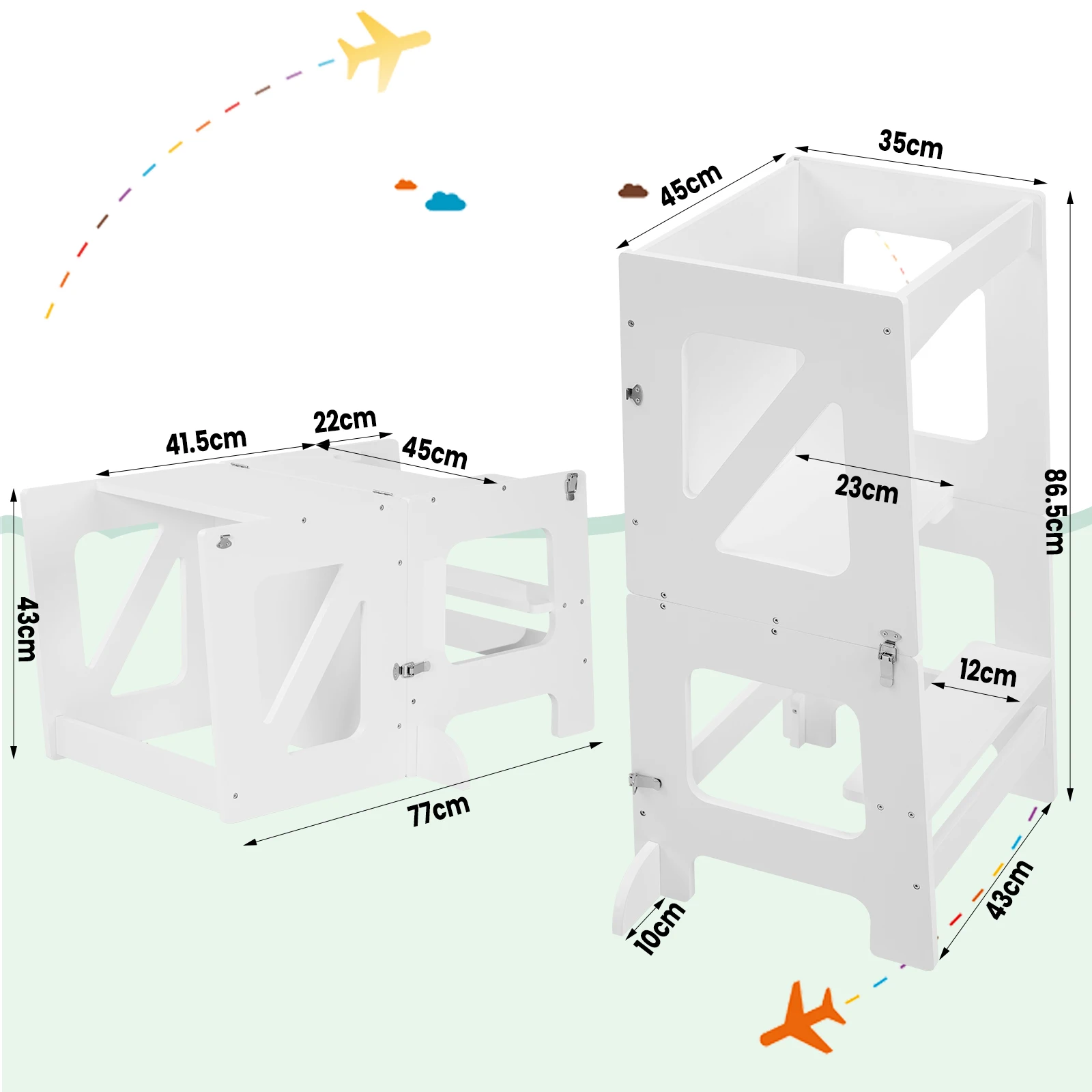 Taburete 3 en 1, mesa para niños, torre de aprendizaje Montessori plegable para niños, ayuda de cocina con protección contra caídas