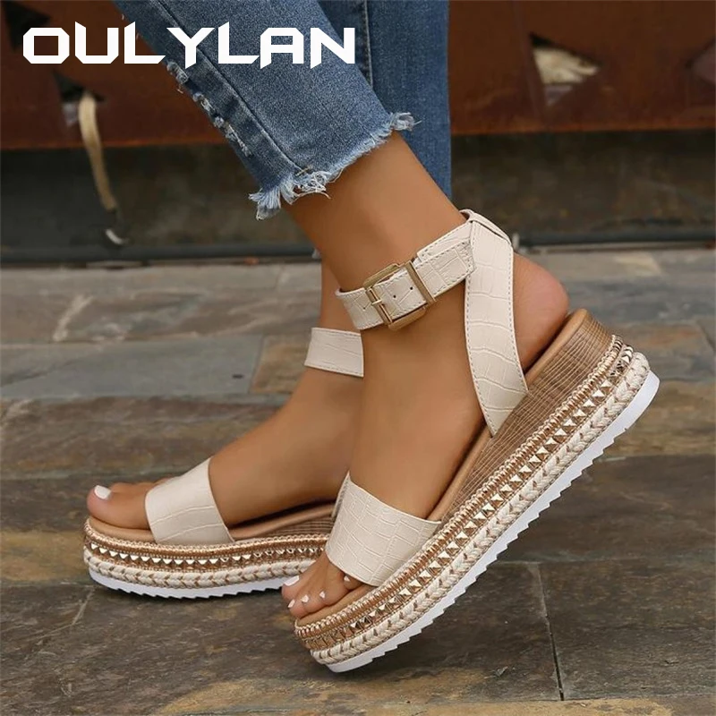 2024 High Quality Shoes Women\'s Shoes Solid Color Shoes Women\'s Sandals for Women Buckle Summer Casual Ladies Platform Sandals