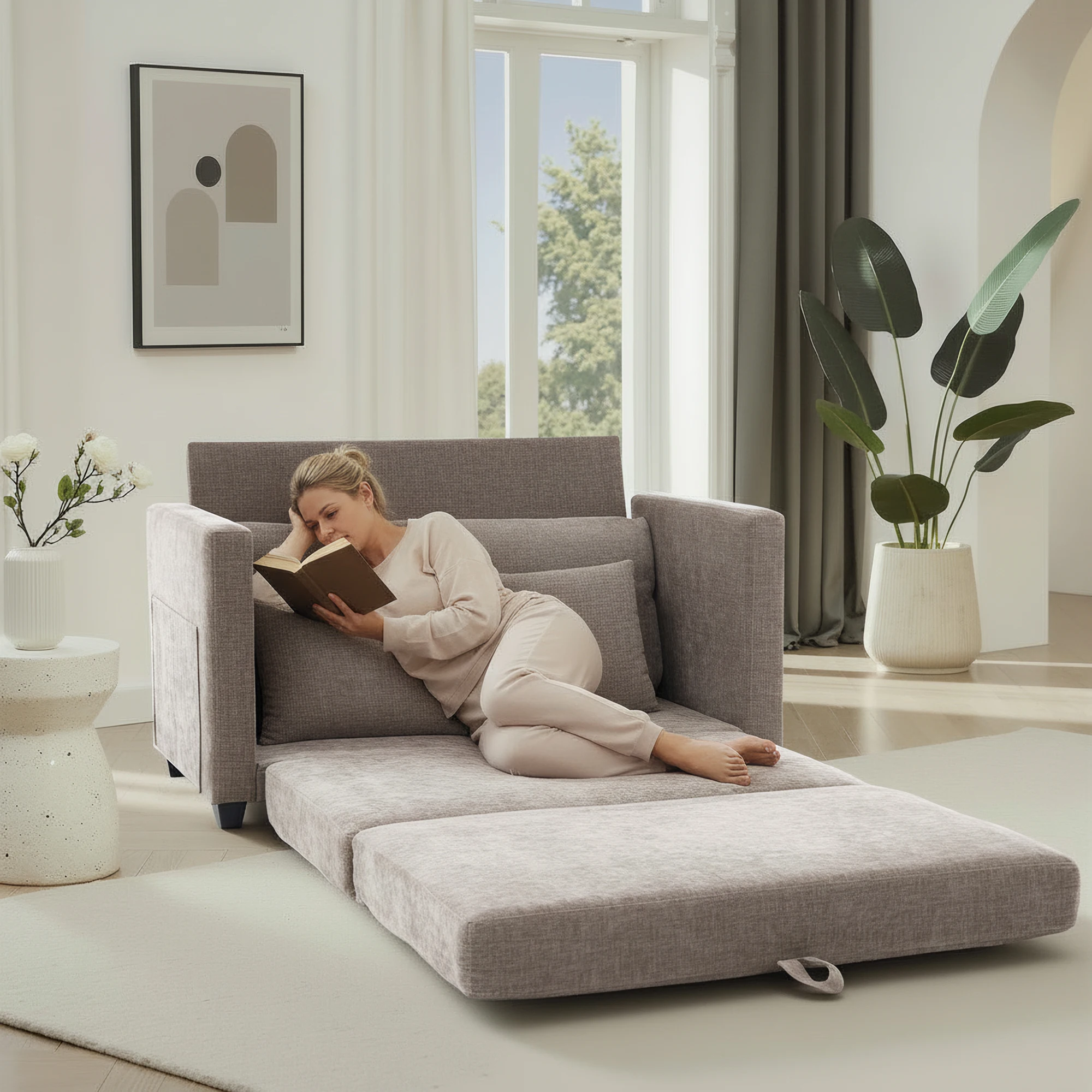 Pull‑Out Sleeper Loveseat Sofa Bed, No Assembly Vacuum Packed 2‑in‑1 Fabric Couch with Solid Wood Frame for Small Living Space