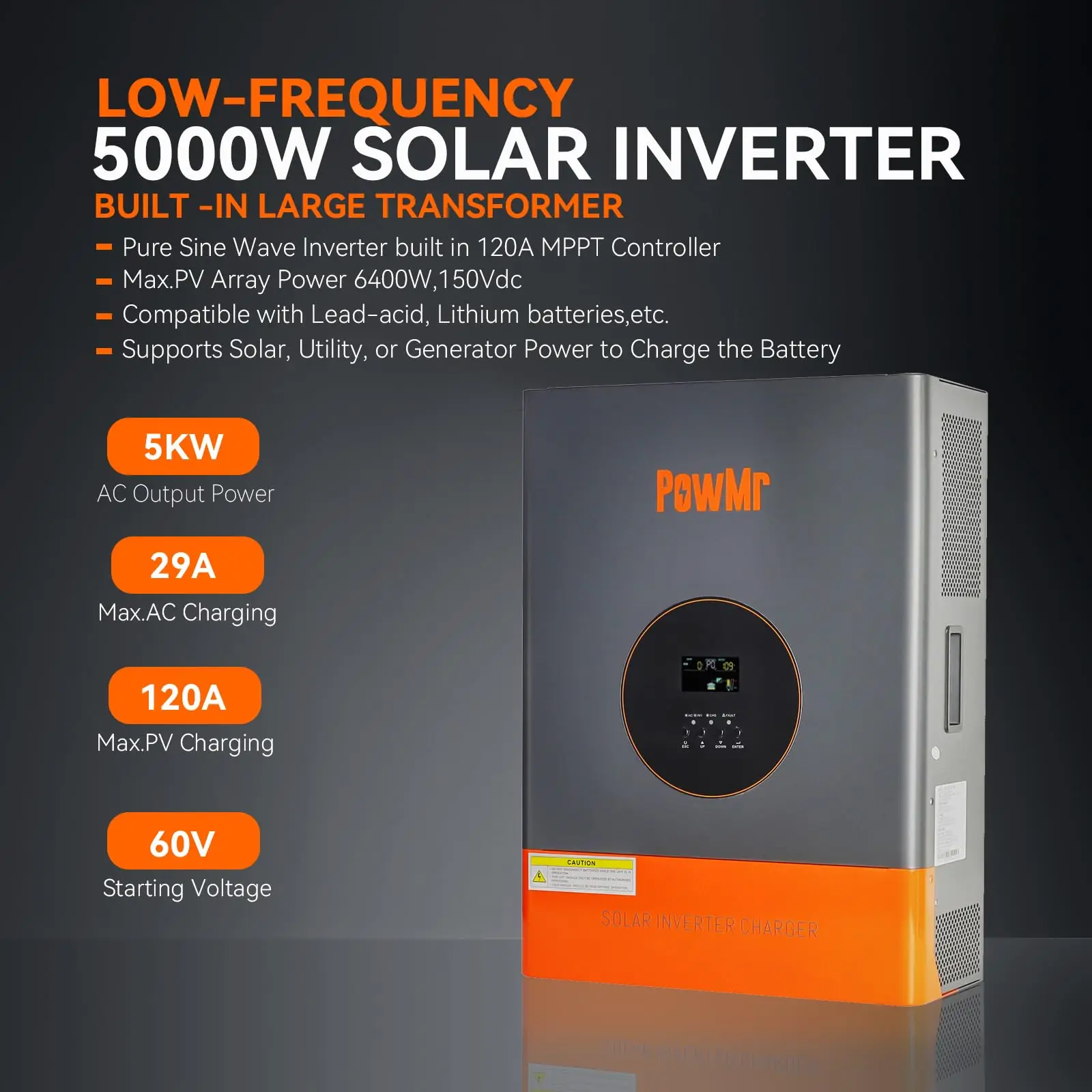 PowMr Low Frequency 5KW Hybrid Solar Inverter 48VDC to 220VAC Output More Stable With 120A MPPT Controller Solar Panel 60-150VDC