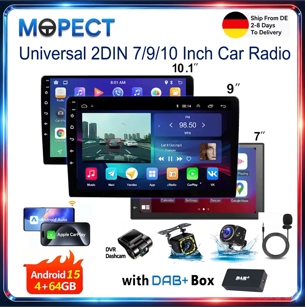 MOPECT Uniwersalny 2DIN 7/9/10-calowy Bezprzewodowy Carplay Android 15 Radio Samochodowe Multimedialny Odtwarzacz Wideo AutoRadio Nawigacja GPS WiFi