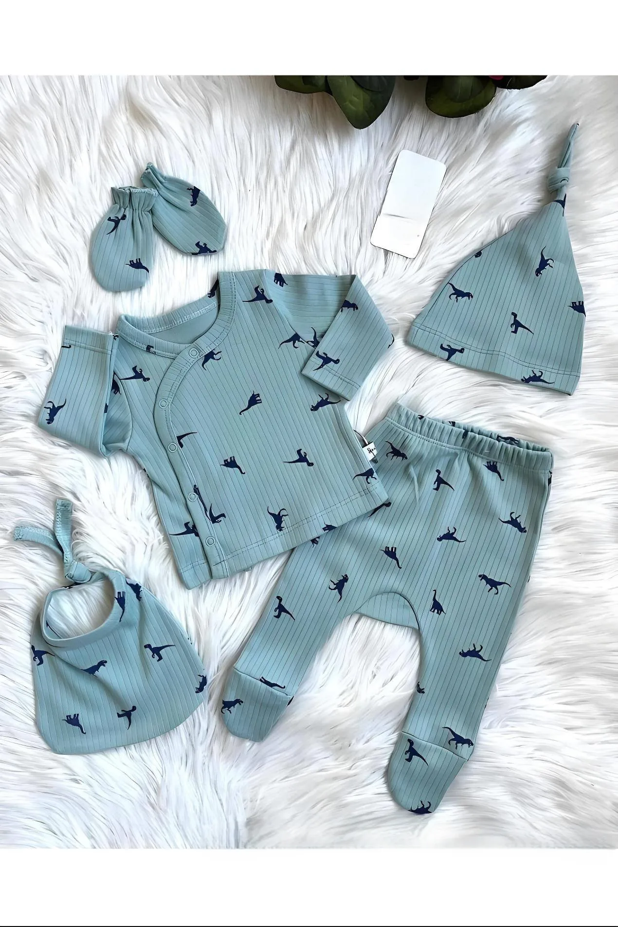 Dinosaur Pattern Mint 5-Piece Newborn Hospital Discharge Set, newborn baby set, baby girl set, baby boy set