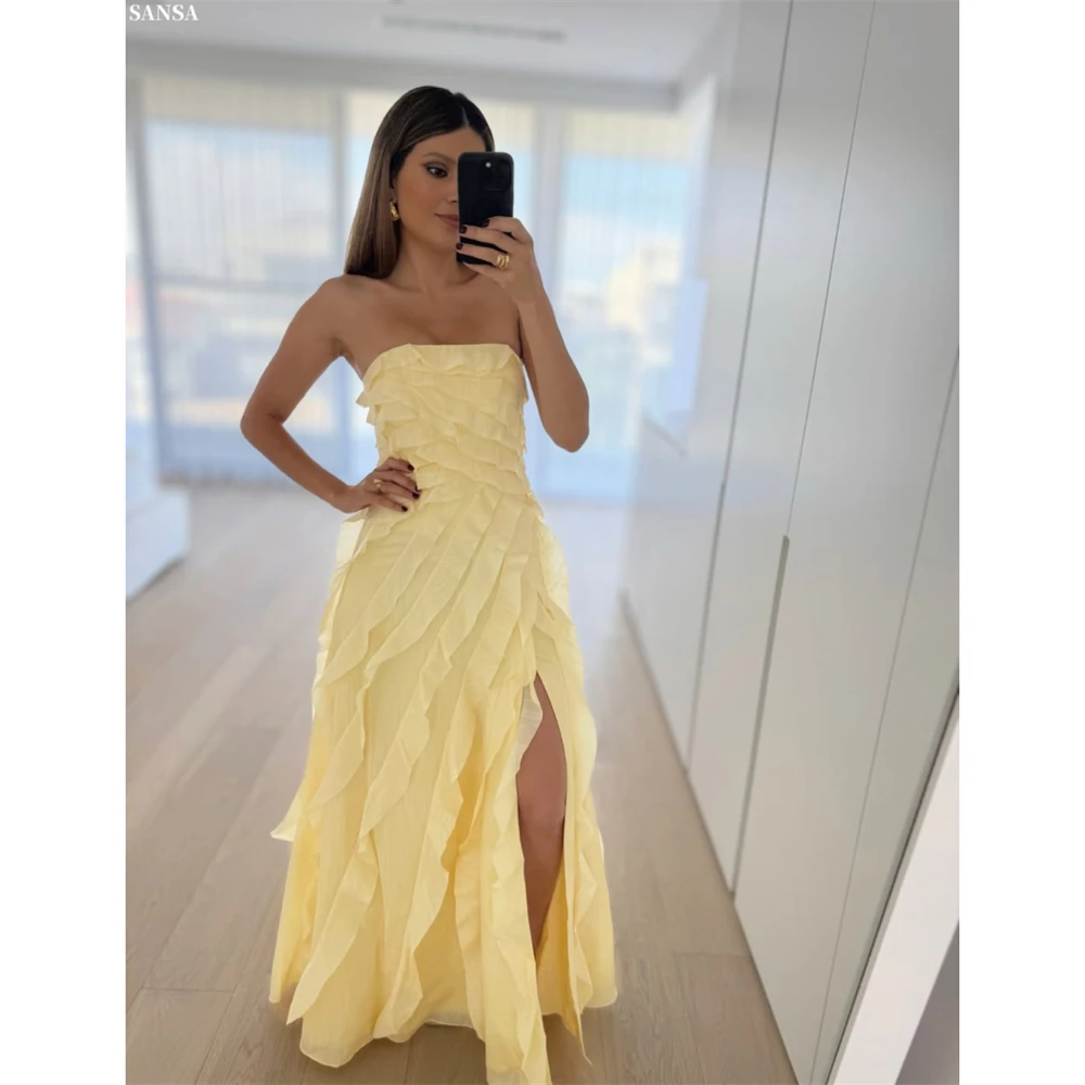 

Sansa Customized Yellow Strapless A-Line Cascading Ruffle Prom Dress Side Split Vestidos De Noche Floor-Length Formal Evening