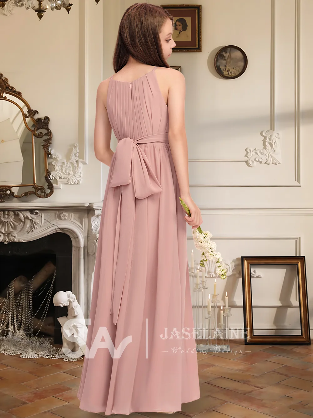 エレガントな A ライン ホルター マキシレングス シフォン ジュニア ブライズメイド ドレス リボン プリーツ フラワー ガール ドレス ガールズ パーティー ウェディング フォーマル