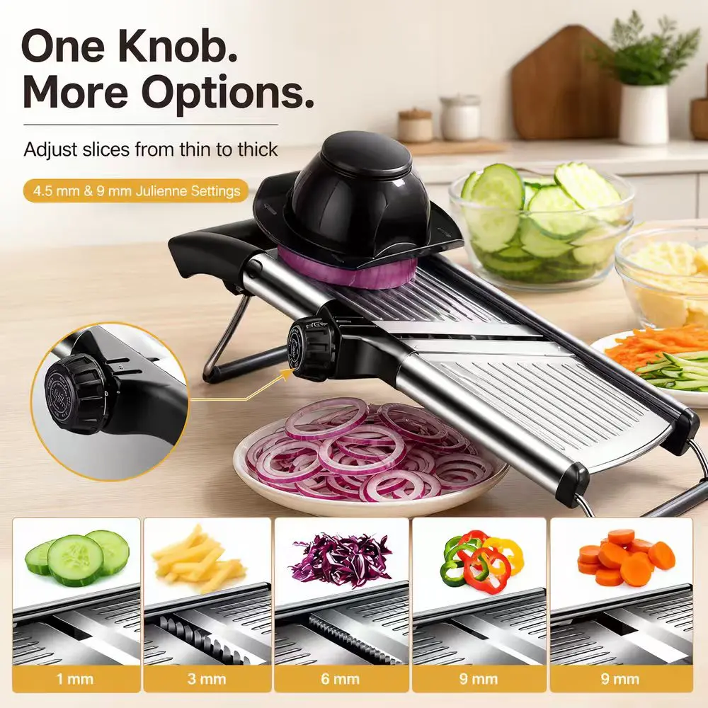 Adjustable Mandoline Slicer for Kitchen Stainless‑Steel Vegetable Slicer Julienne Cutter Food Chopper with Cut‑Resistant Gloves & Cleaning Brush Potato Fruit Slicing Tool