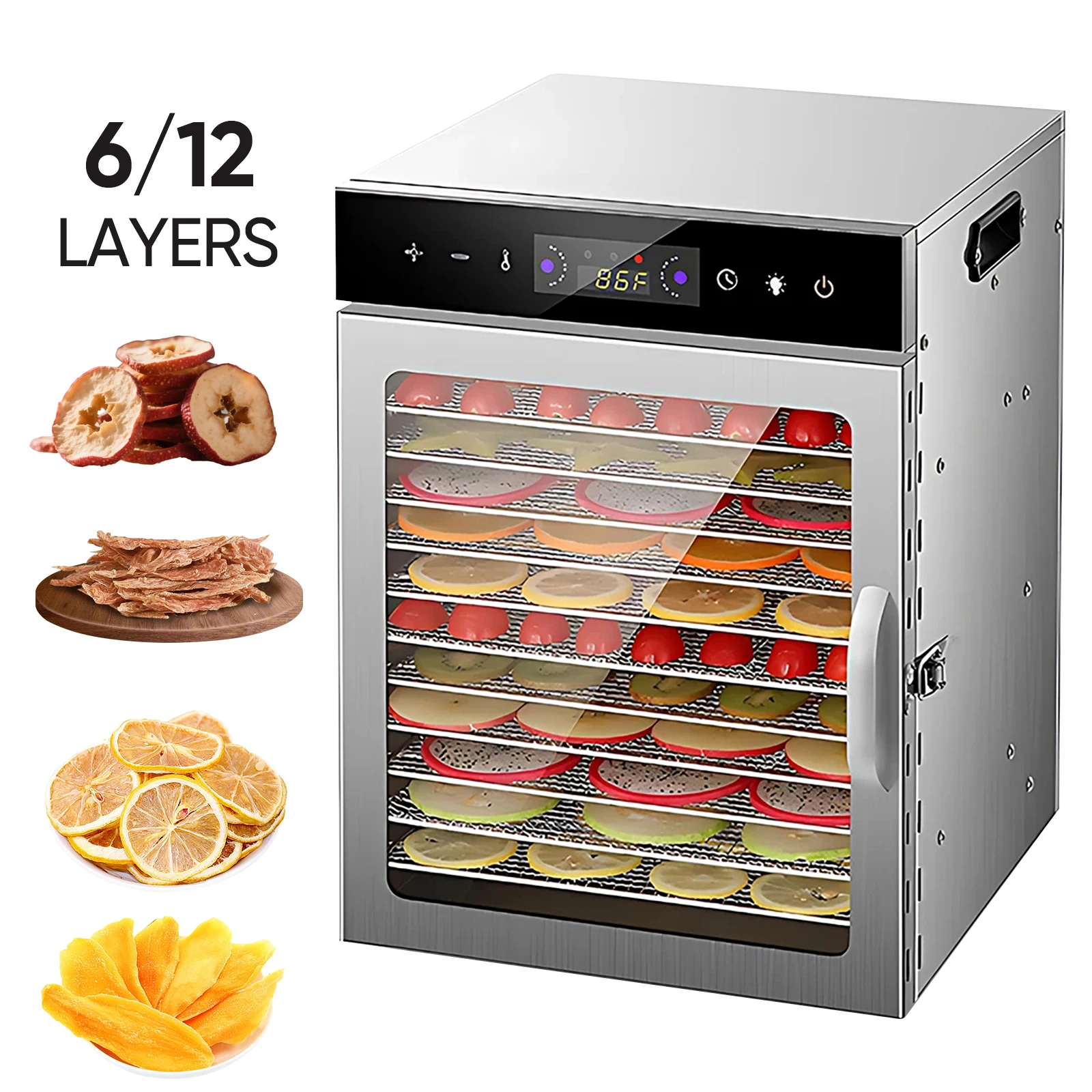 Image of Obsttrockner 6-12 Ebenen Lebensmittel-Dehydrator Snack-Kräuter-Trockner 800W Trocknungsmaschine für hausgemachtes Trockenfleisch für Haustiere