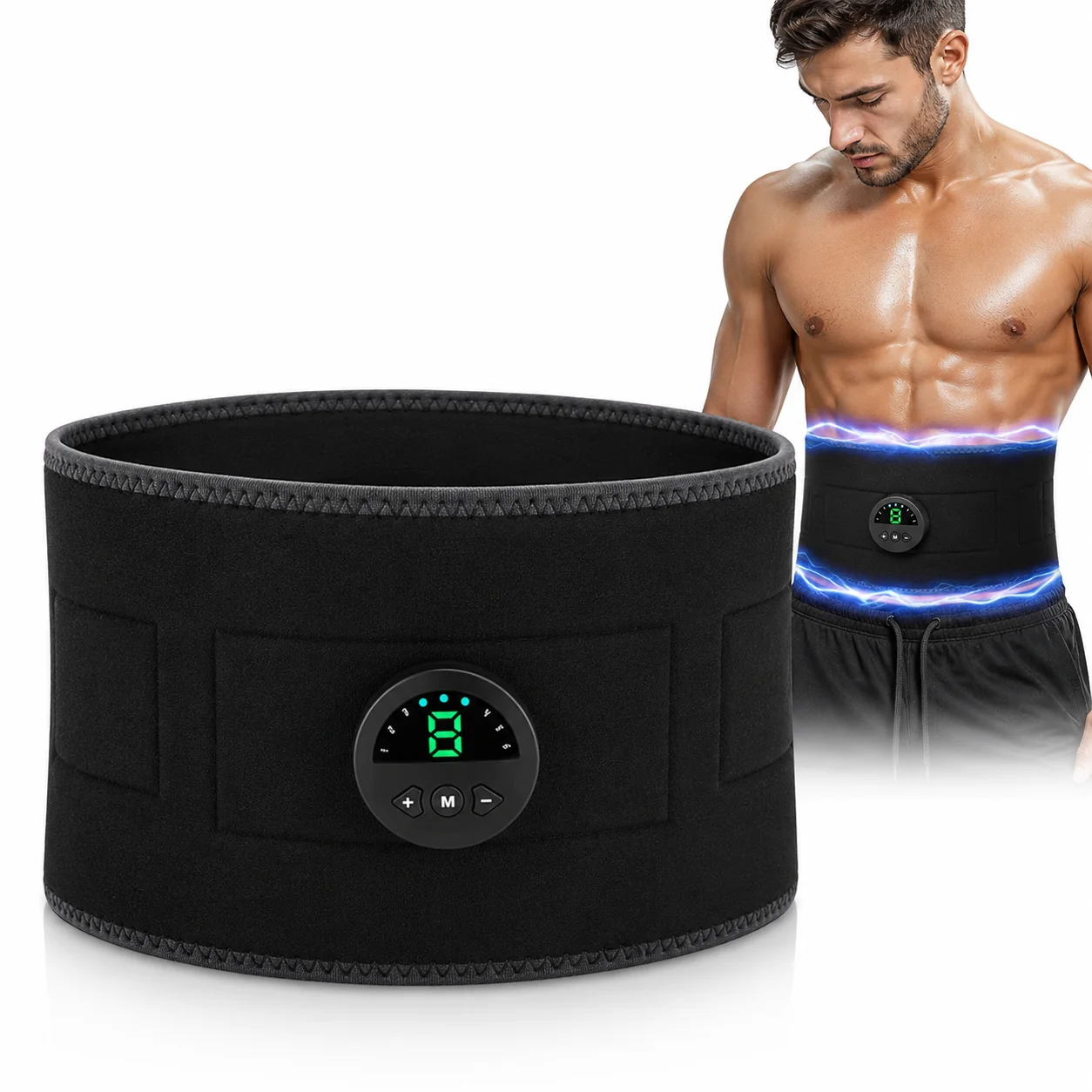 TENS EMS Electric Pulse Massage Belt USB Rechargeable Microcurrent Muscle Stimulator with 6 Conductive Silicone Pads Adjustable Modes Intensity LCD Controller for Abdomen Waist Muscle Stimulation Relaxation Fitness Men Women