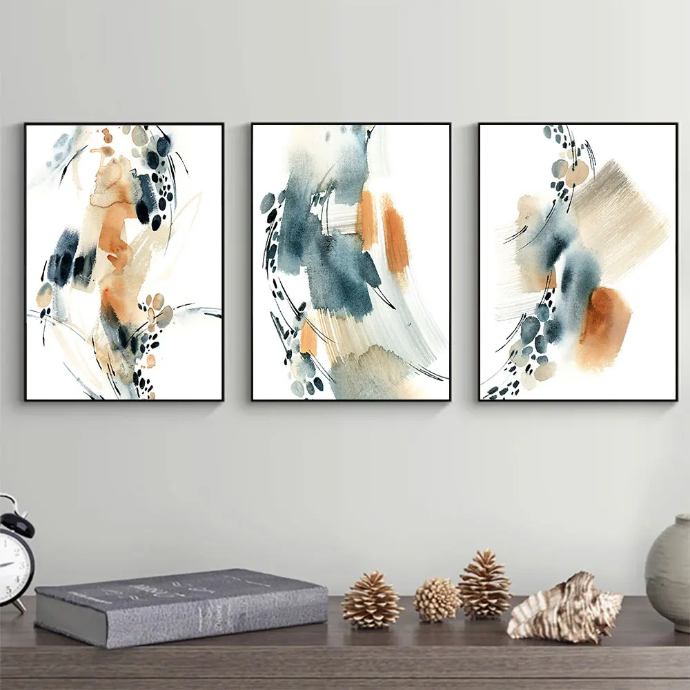 

Abstract Watercolor Poster Canvas Painting,Nordic Wall Art Pictures for Bedroom,Living Room Decor,Blue,Orange,Beige Home Decor