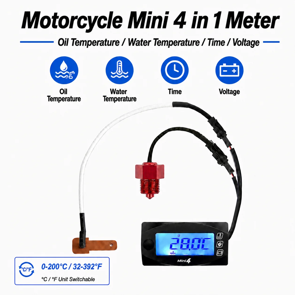 Motorcycle Digital Temperature Gauge Mini4 LCD Meter with Engine Cylinder Head & Water Temp Sensors, Universal 12V Display Kit ﻿