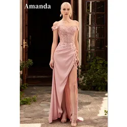 Amanda Sexy Off The Shoulder Prom Dress Silk Satin Mermaid Party Dress Lace Customized Evening Dress Side Split Christmas Dress