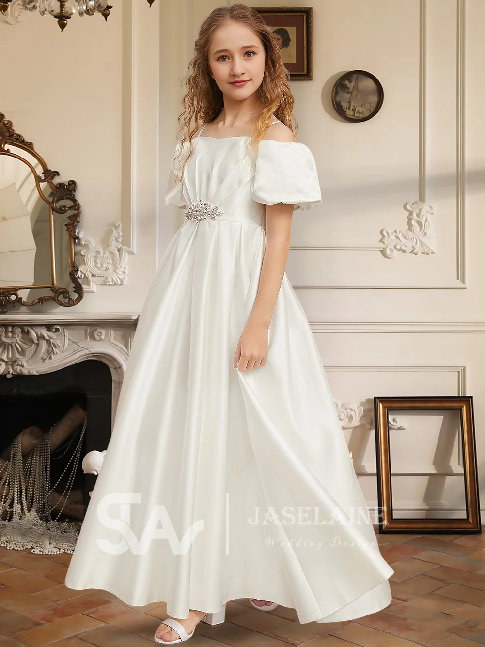Ball Gown Princess Cold Shoulder Floor Length Satin Junior Bridesmaid Dress Flower Girl Dress Rhinestone Party Wedding Formal