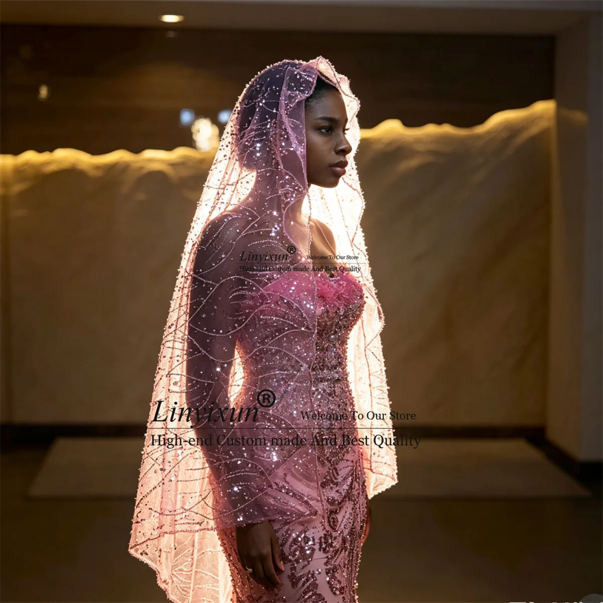 African Dubai Mermaid Prom Dress With Veil Sparkly Diamond Sequins Evening Party Gown Customized Birthday Aso Ebi Robe De Soiree