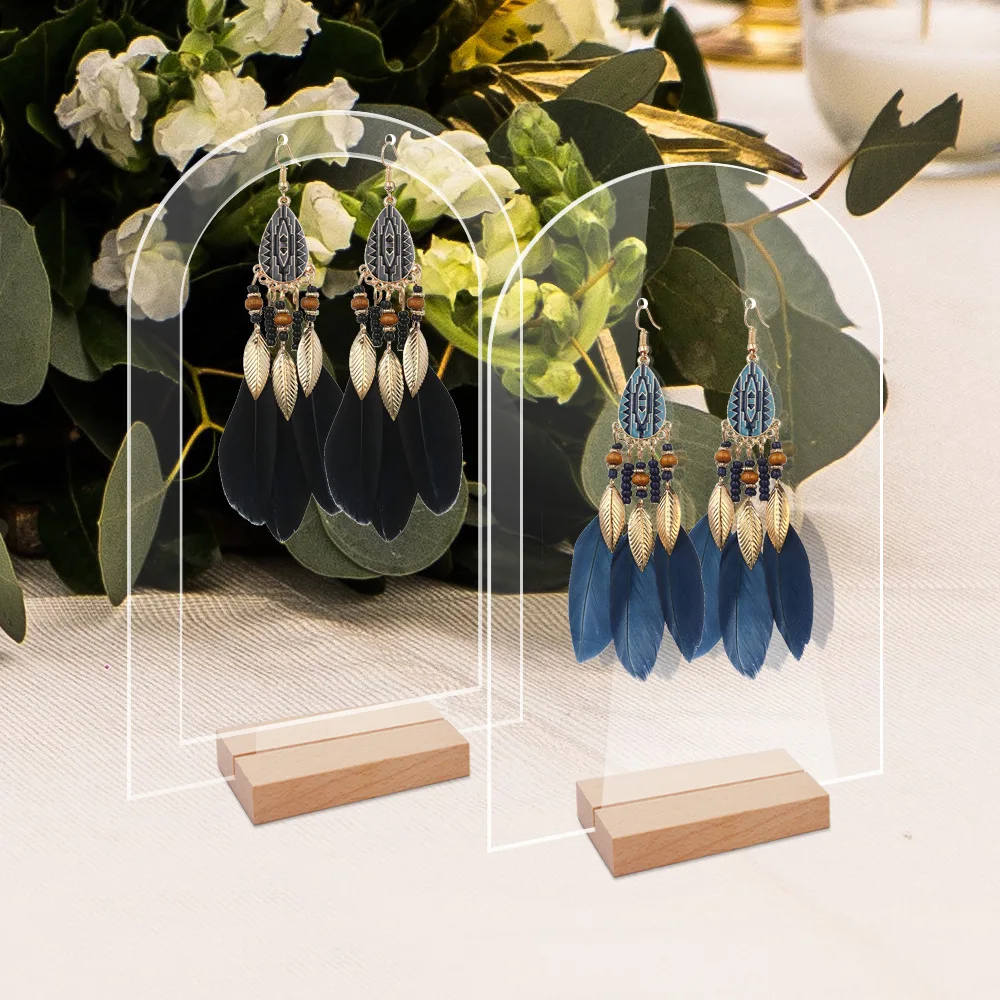 

6pcs Clear Acrylic Jewelry Display Stand For Earrings Arched Storage Rack Wooden Base Table Home Store Jewelry Display Shelf