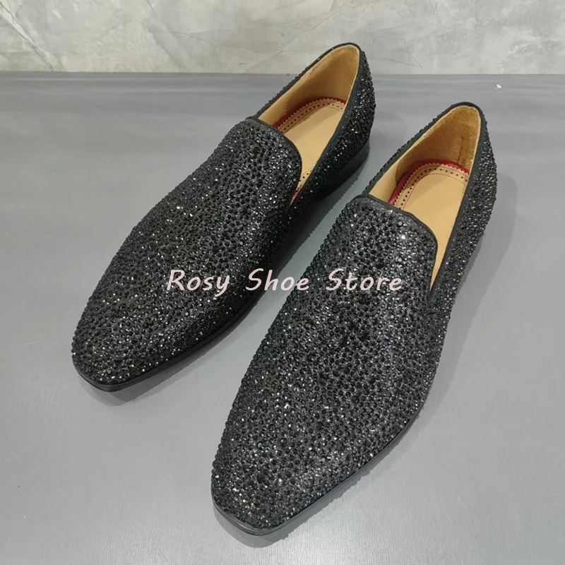 Men's Multicolor Luxury Handmade Diamond Loafers Pointed Toe Leather Rhinestones Slip On Fashion Flat Shoe Versatile Party Shoes