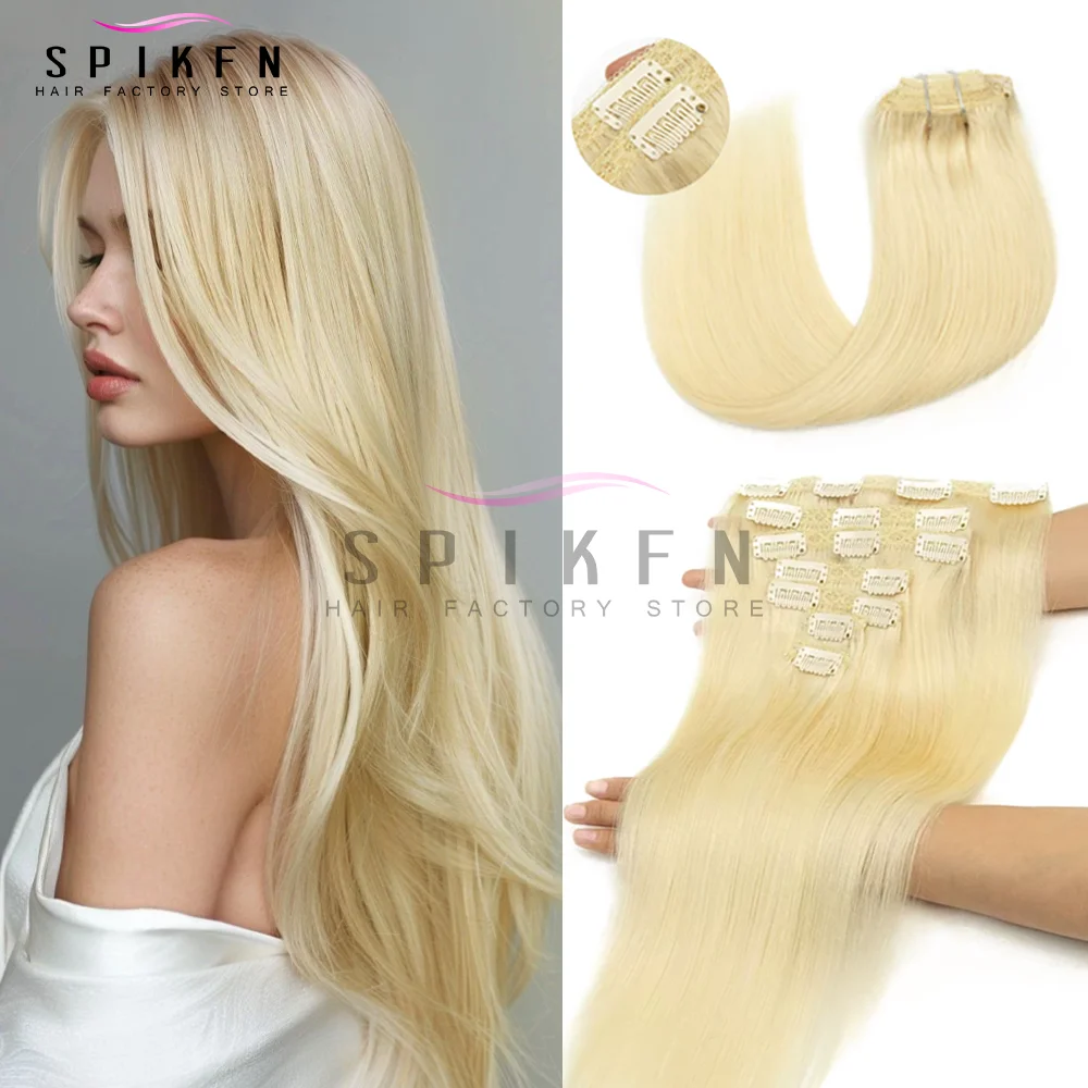 Spikfn clipe em extensões de cabelo humano 7 pçs/set natureza clipe reto cabelo cabeça cheia hairpieces 12-24 polegadas para mulher loira marrom