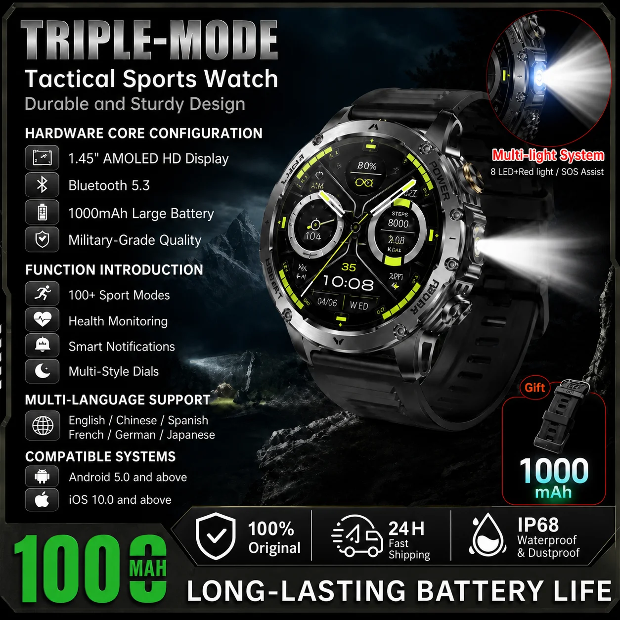 Image of Robuste Militär Smartwatch 1,7" IPS 1000mAh 30T Akku 100+ Sportmodi Anruf Taschenlampe Gesundheitsmonitor Wasserdicht Herren Uhr