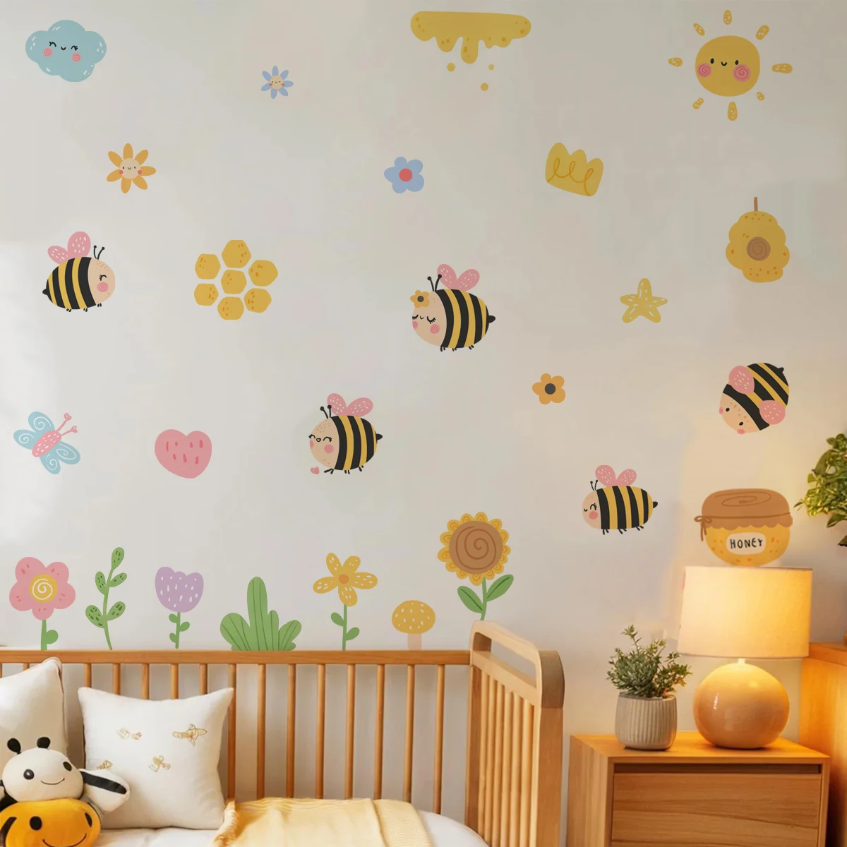 

Cute Bee Flowers Butterfly Honey Sun Wall Sticker Nursery Child Room Girls Room Vinyl Decal Kids Baby Room Bedroom Home Decor