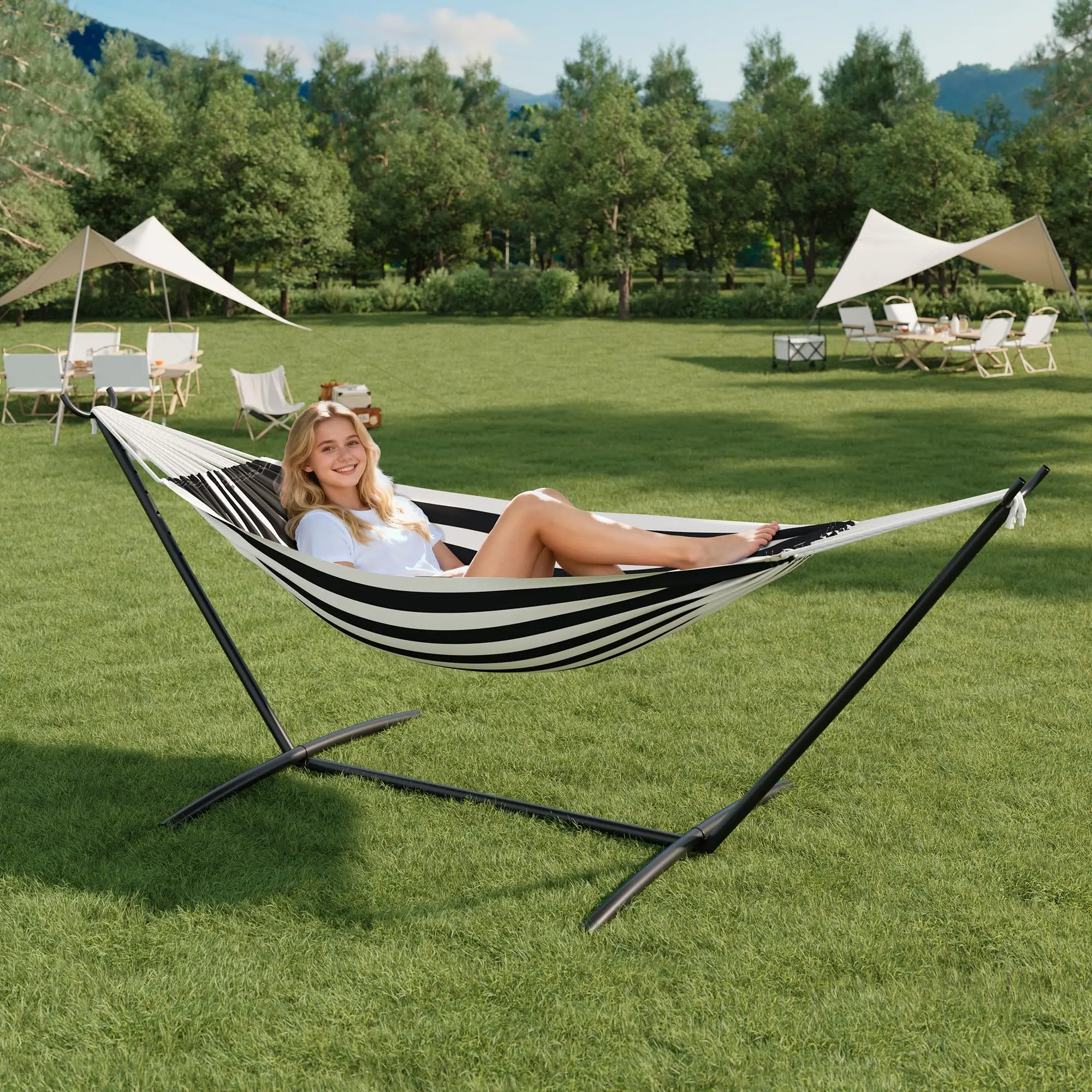 Double Hammock with Steel Stand - 2 Person Hammock Bed Indoor Outdoor, Brazilian-Style, with Carry Bag, 450lb Capacity, Portable & Easy Assembly