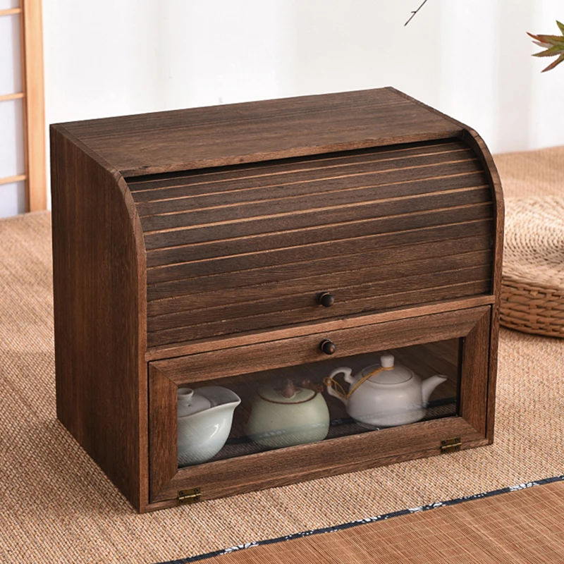 Solid wood dustproof double roll-up design teapot desktop tea set tea cup shelf storage box cosmetics stationery cabinet