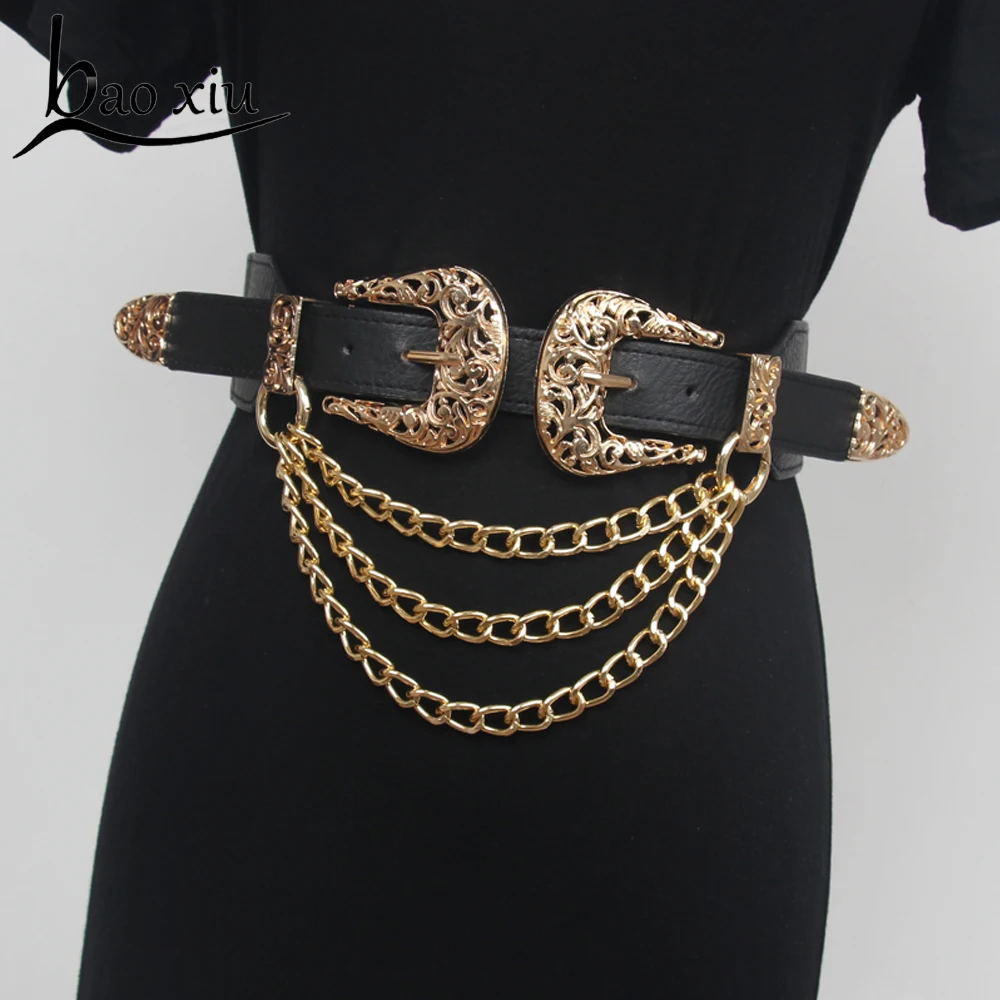 

Double Vintage Curving Metal Buckles PU Waist Belt For Women Multi-layer Chain Elastic New Designer Corset Dress Waistband