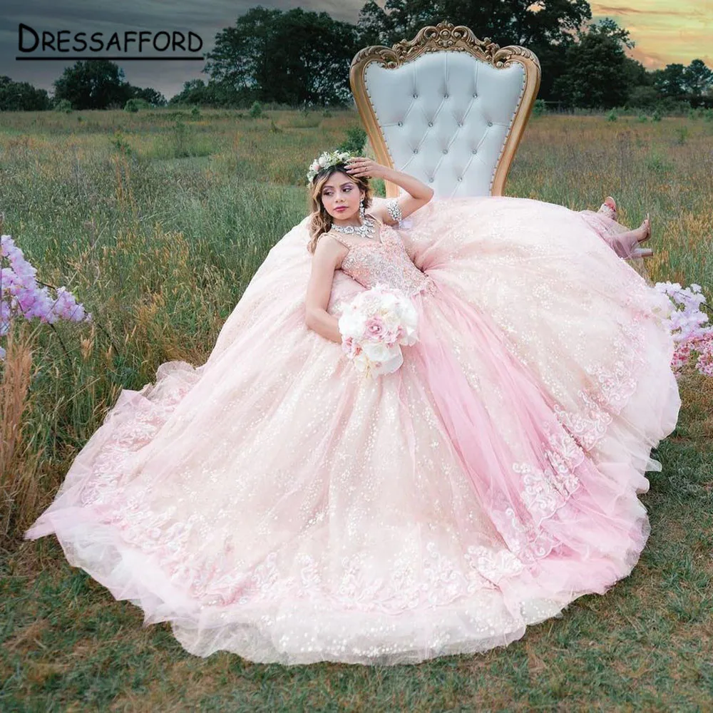 Pink Princess Quinceanera Dress Sweet 16 Ball Gown 2022 Appliques Sequins Beads Flowers Backless Party Vestidos De 15 Años