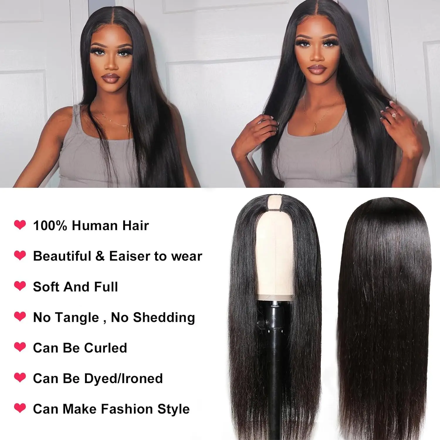 Parrucche con parte a V Parrucche diritte brasiliane per capelli umani vergini per le donne Glueless Clip a testa intera nella mezza parrucca Parrucca a forma di V Nessun lasciare fuori