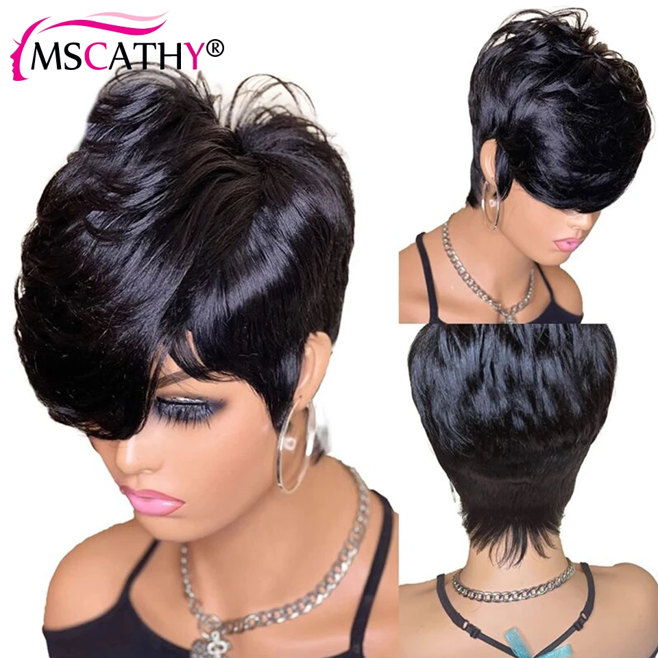 Black Color Glueless Wigs Natural Human Hair Wigs For Black Women Pixie Cut Short Straight Bob Full Machine Made Wig With Bangs