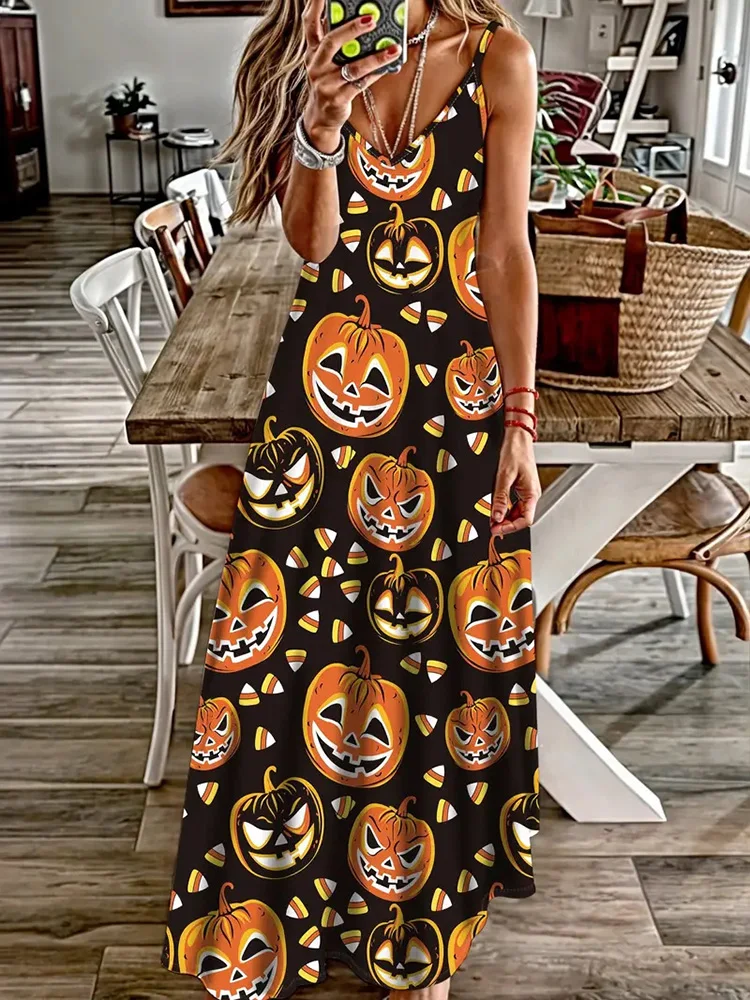 Halloween Horror Pumpkin Atmosphere Print Sexy Strap V-Neck Dress Summer Festival Party Sleeveless Dinner Long Evening Dress