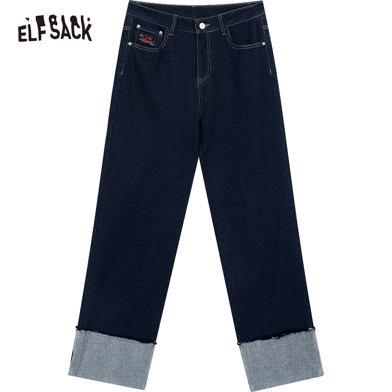 ELFSACK 2024 Winter New Arrivals Dark retro loose straight leg jeans for women,wide leg pants outward facing design