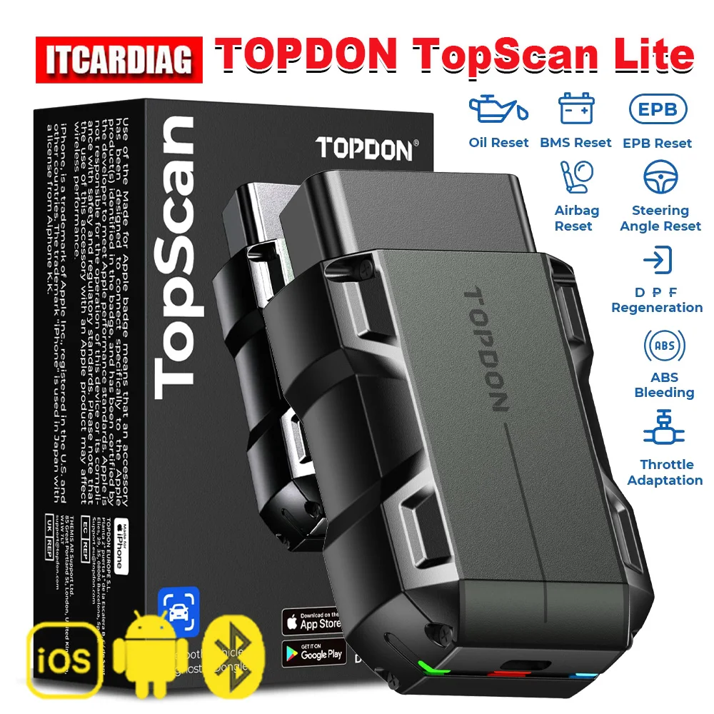 TOPDON TopScan Lite Bluetooth Smart Diagnostic Tool 8 Reset Functions DTC Repair Guide ECU Code Reader All System OBD2 Scanner