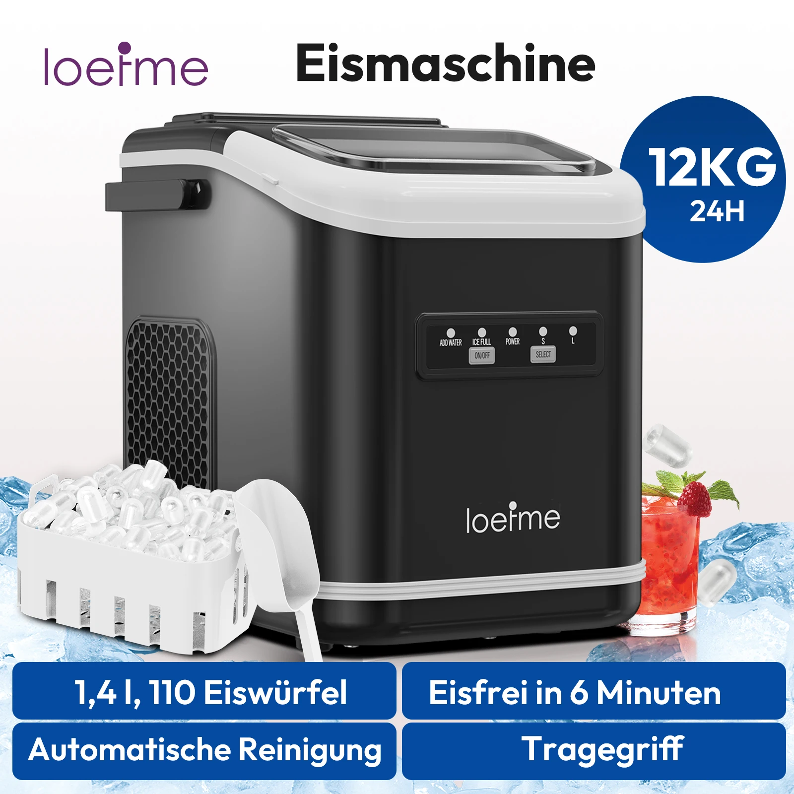 LOEFME 12kg/24h Tragbare Eiswürfelmaschine 6 Minuten / 9 Stück Eiswürfel Eismaschine für zuhause 2 Eisgrößen & selbstreinigend
