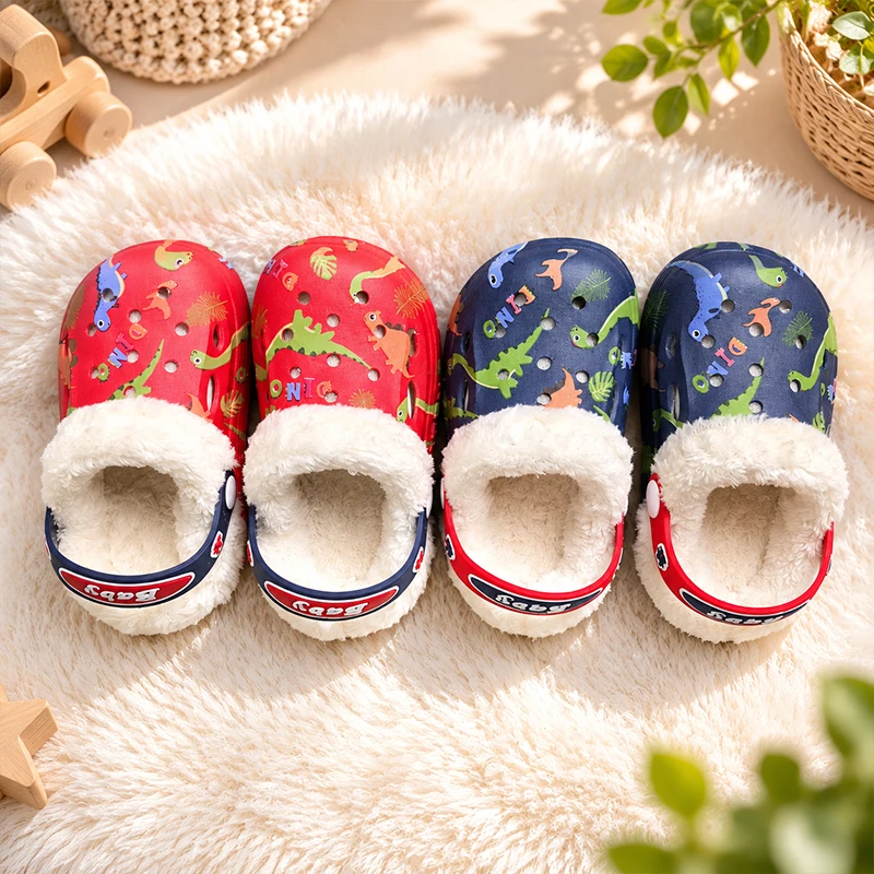Kids Winter Fleece Lined Clogs, Cute Dinosaur Print Non-Slip Warm Slippers for Boys Girls Indoor Outdoor