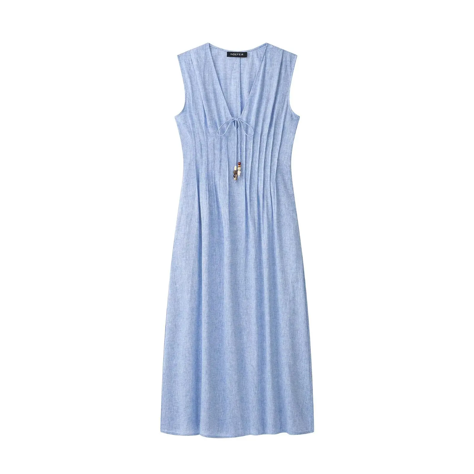 Women Cotton Linen V Neck Tank Dress Wooden Beaded Drawstring Pleated A Line Long Dress Summer Casual Boho Beach Sundress