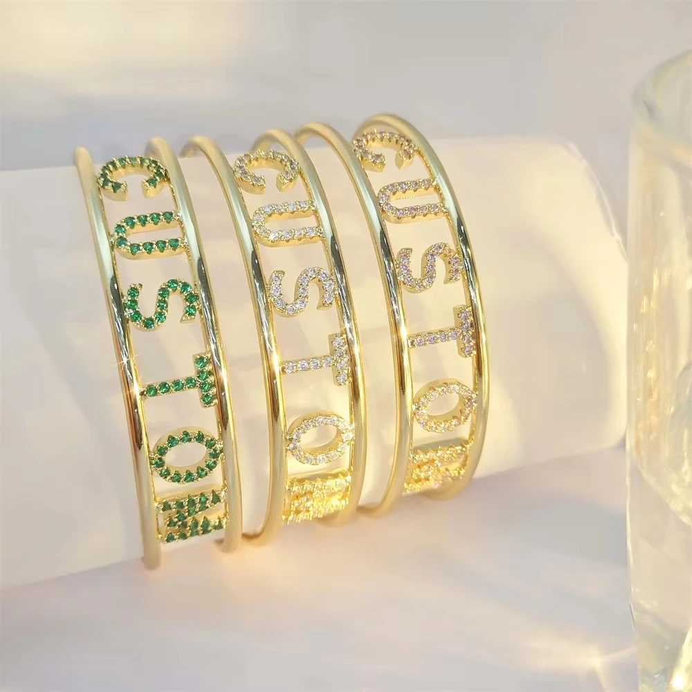 Custom Initial Name Bangle 9mm Letter Colorful Zircon Adjustable Cuff Hollow Design Women's Jewelry Personalized Gift