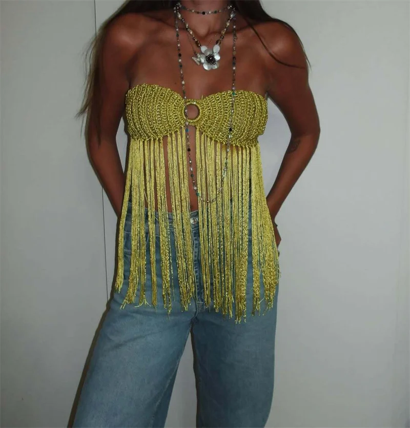 Women Boho Beach Fringe Bikini Top Vest Summer Sexy Halter Lace Up Tassel Knit Top Camis Crochet Swimsuit Cover Up Swimwear