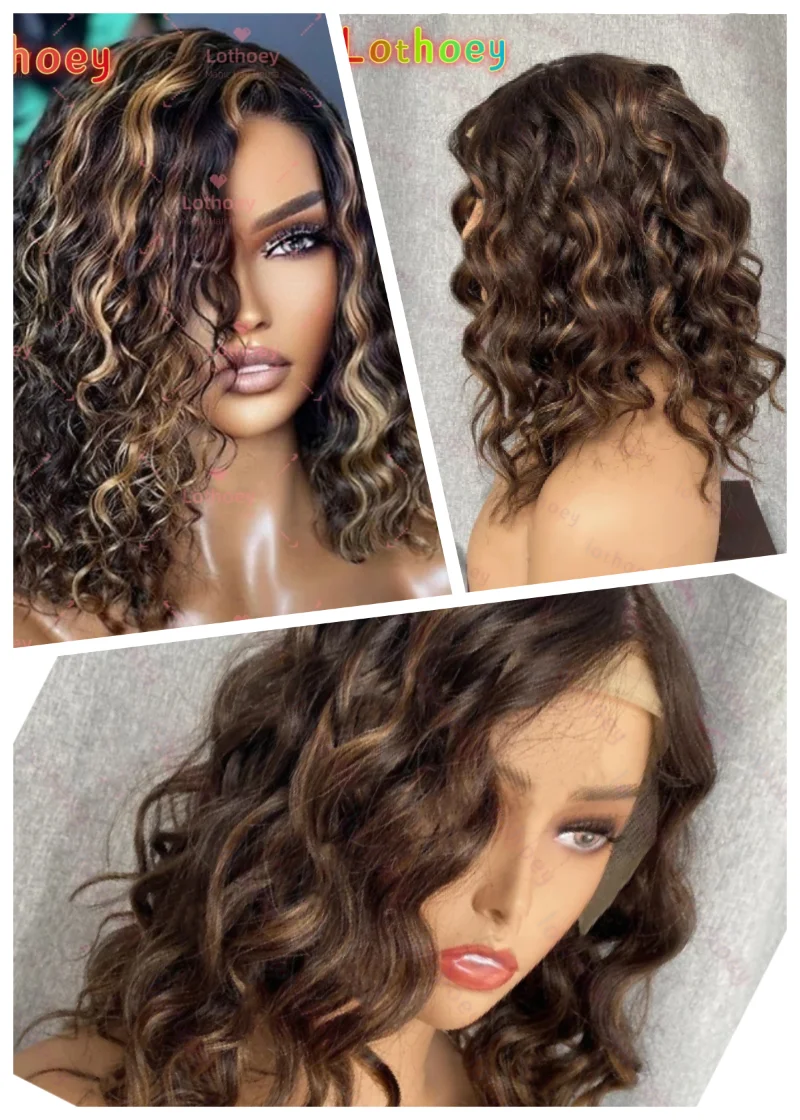 

Глубокая волна, короткий боб, женские парики, человеческие волосы, коричневый, медовый блондин, мелирование, 5x5, парики спереди, бразильский Реми