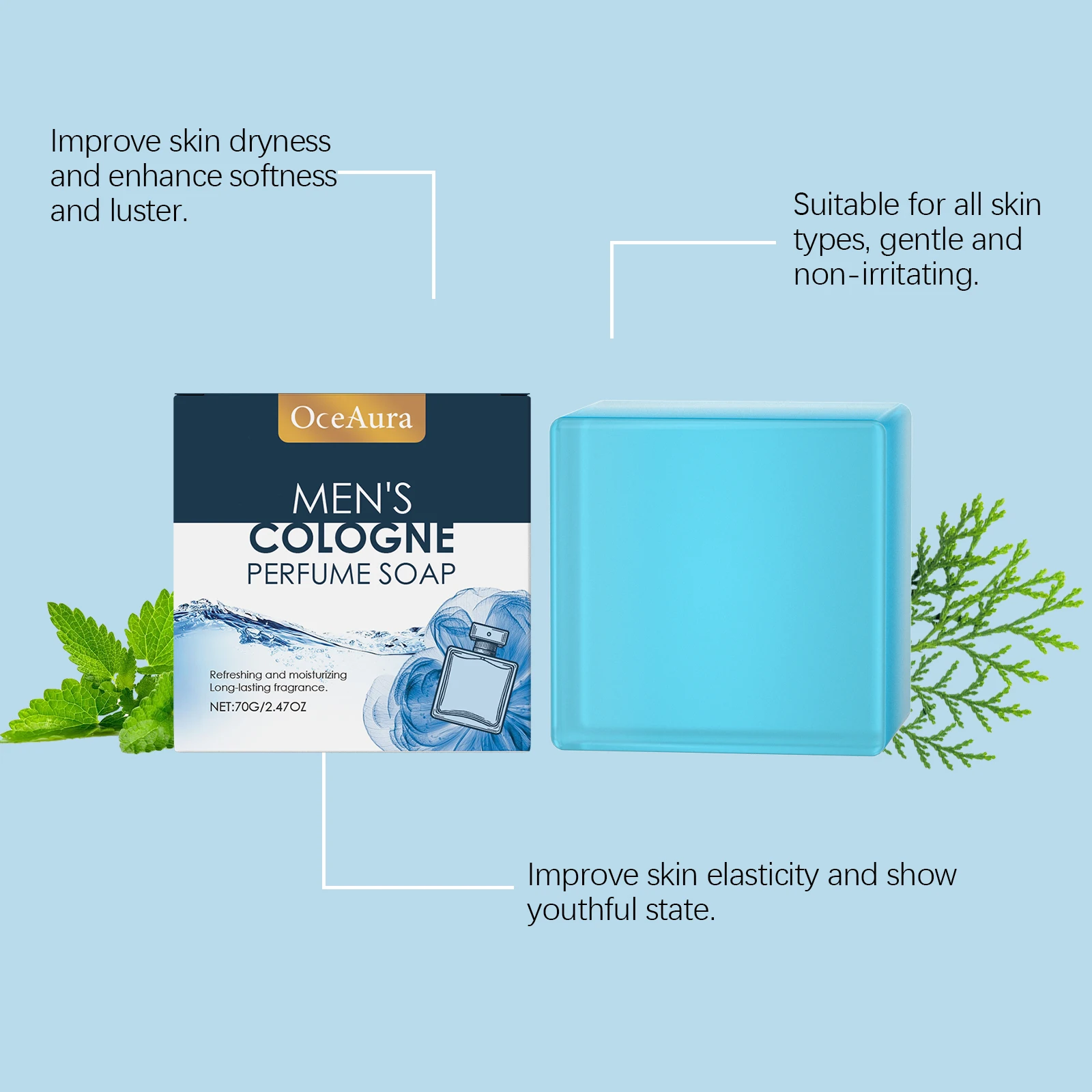 Oceaura 70 جرام صابون حمام كولونيا للرجال لطيف ينظف الجسم وتقشير البشرة منعش غير دهني للرجال رعاية الاستحمام صابون عطر