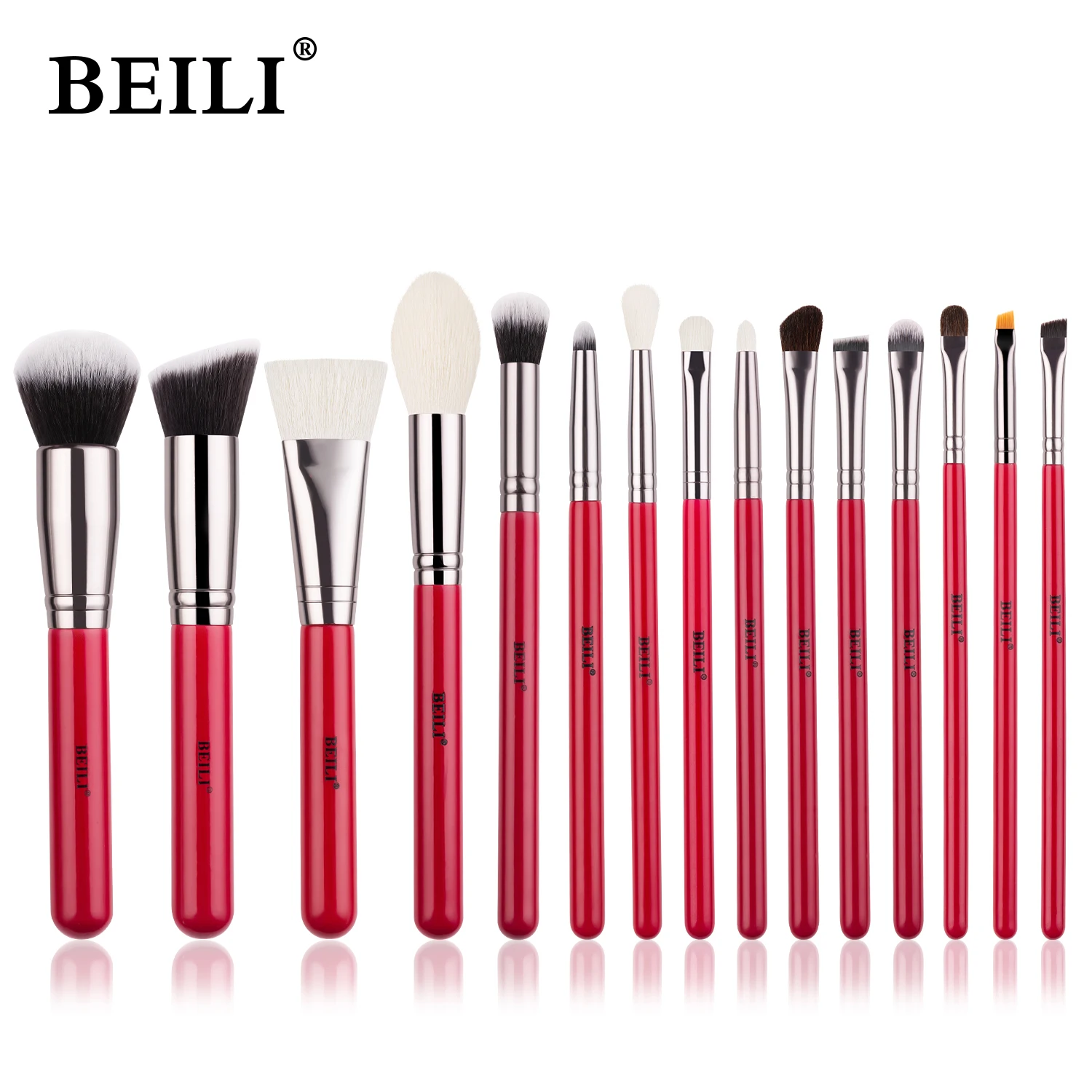 BEILI Makeup Brushes Set 15pcs Red Handle Professional Natural Hair Eyeshadow Powder Eyebrow Foundation Cosmetics Brush