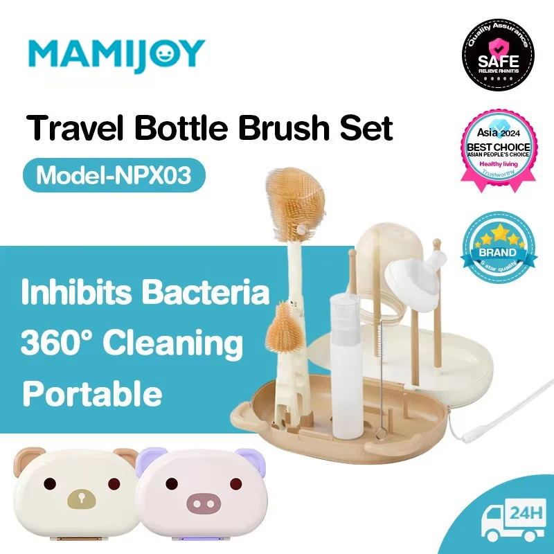 

MAMIJOY Portable Baby Bottle Cleaner Brush Set Travel Size Drying Racks Silicone Cleaning Nipple Straw Cleaner Kit BPA Free