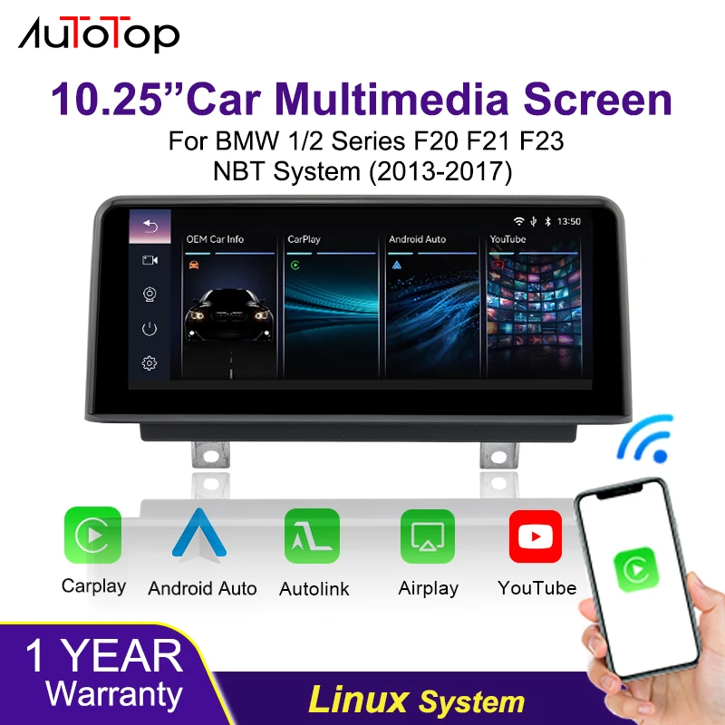 AUTOTOP 10,25 Zoll Wireless CarPlay Multimedia-Touchscreen für BMW 1er/2er Serie F20 F21 F23 2013-2017 NBT-System Android Auto/Youtube