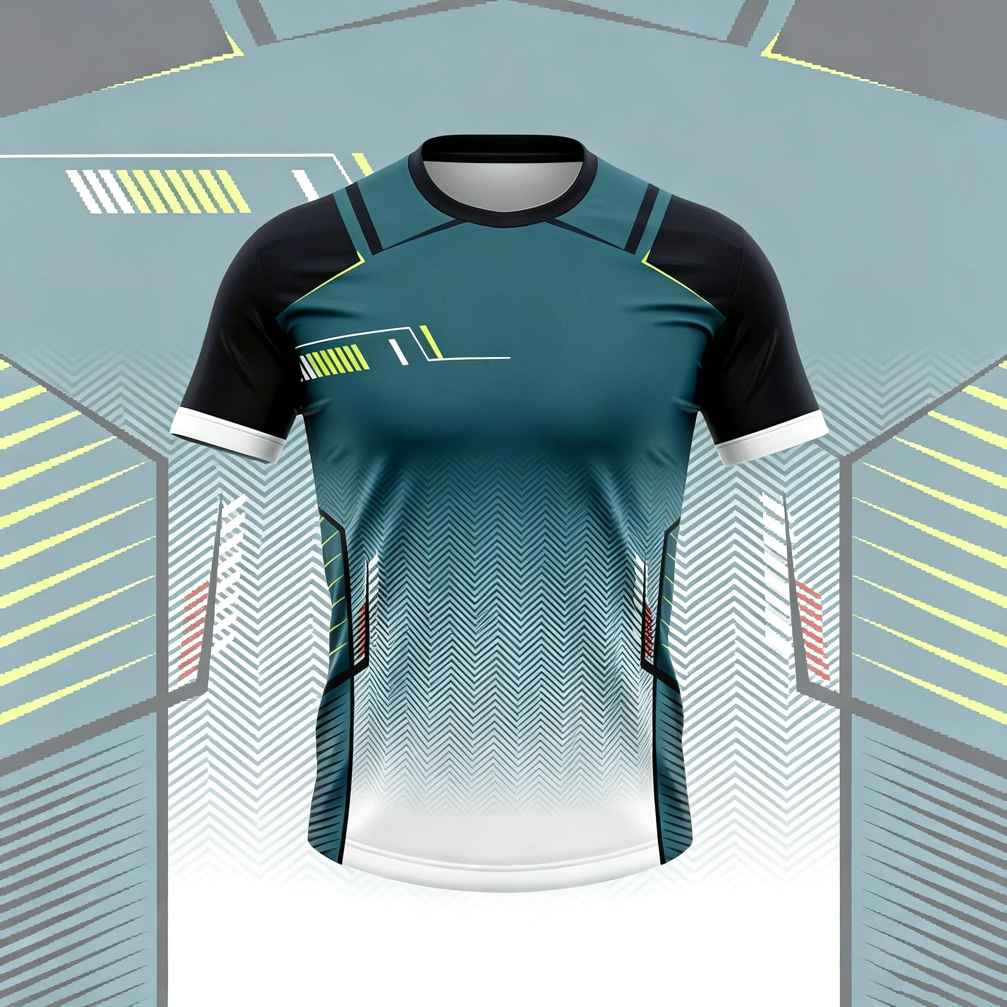 Herren-Sport-T-Shirt mit geometrischen Linien in Blaugrün-Weiß-Farbverlauf, schnell trocknend, atmungsaktiv, kurzärmelig, zum Laufen, Radfahren, Fitness-Training, Sport