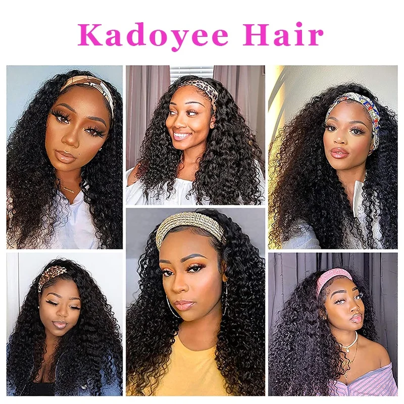 Kadoyee 30inch Kinky Curly Headband Wigs Human Hair Wig with headband Natural Black Color Glueless Curly Headband Wig for Women