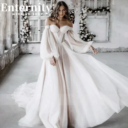 Princess Off The Shoulder Wedding Dress A Line 3/4 Puff Sleeve For Women 2022 Bride Bow Back Robe De Soirée De Mariage Custom