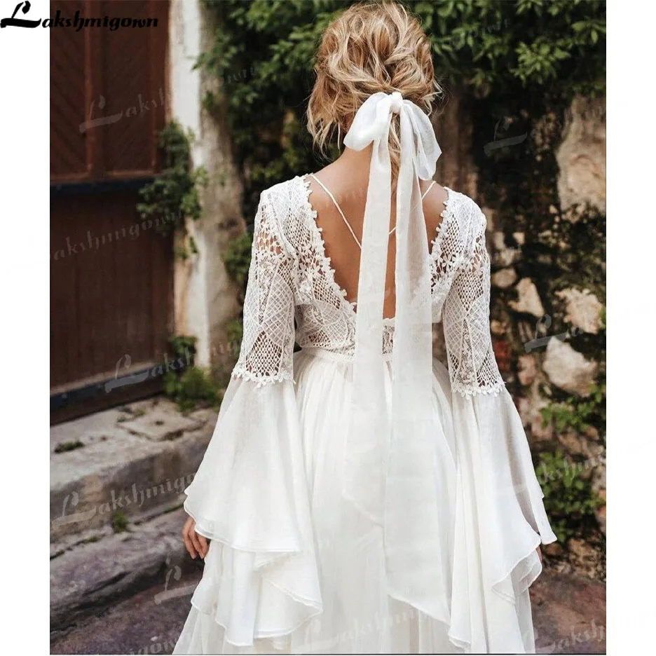 Open Back Trained Wedding Dress Sexy Lace Reception Gown Long Sleeve Bridal Dress Boho Fall or Winter Wedding