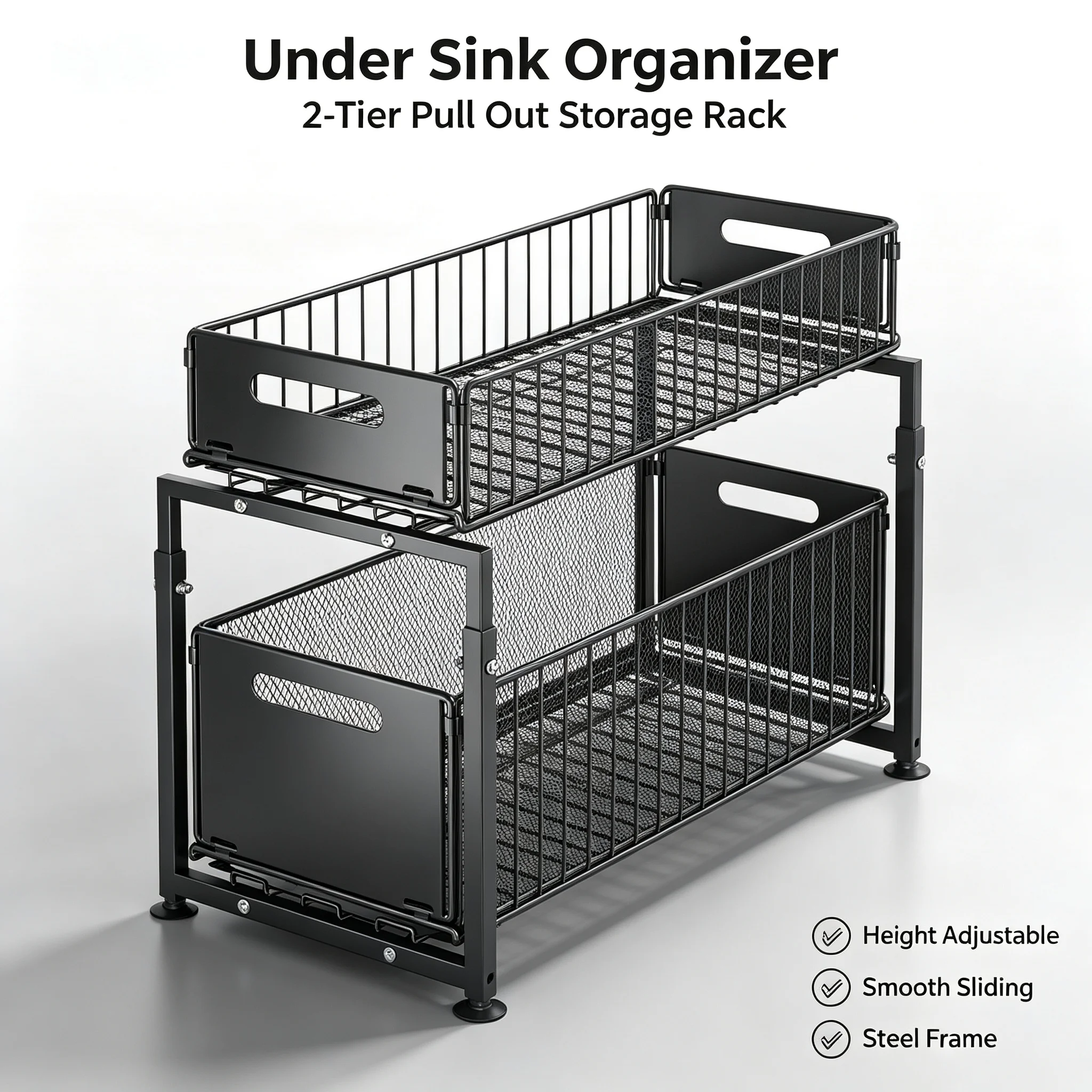 Pull-Out Under Sink Organizer, 2-Tier Kitchen Cabinet Storage Basket, Sliding Multi-Level Shelf for Spices, Snacks, Cans & Cleaning Supplies